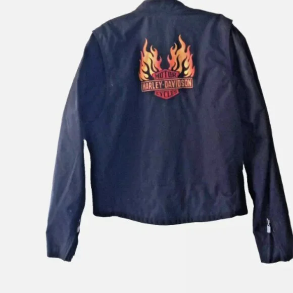 Harley-Davidson Black Canvas Jacket Flames Logo Size Large Zip Pockets - Picture 4 of 16